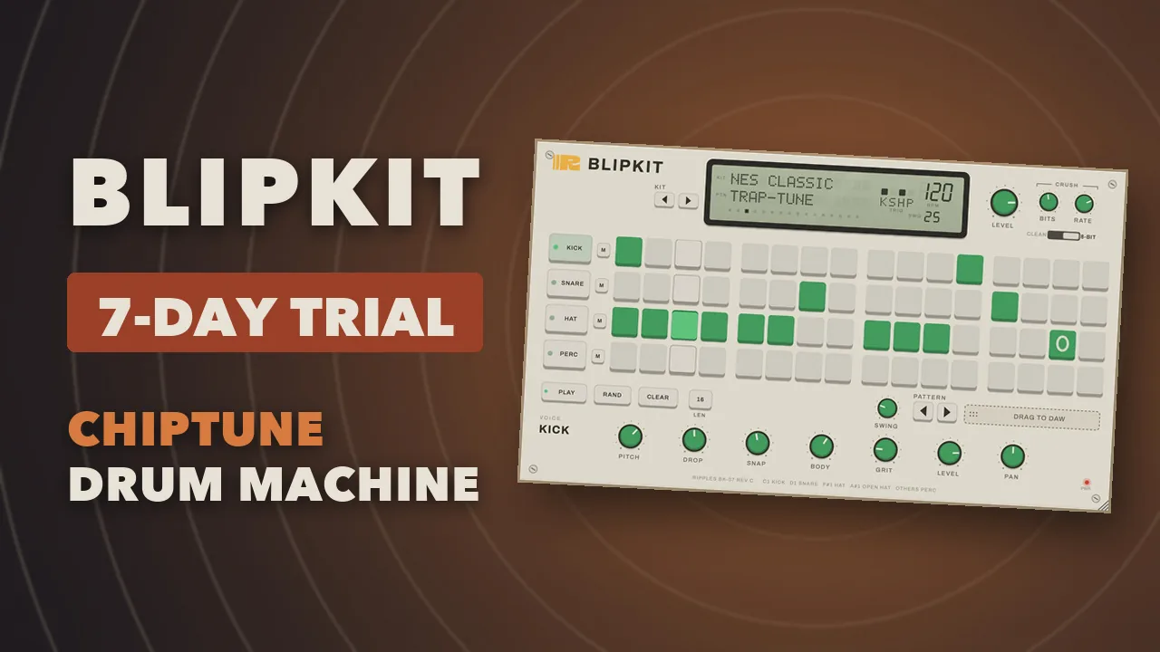 The Blipkit interface, a chiptune drum machine with its step sequencer grid