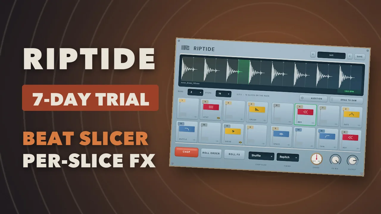 The Riptide interface, a drum loop chopped across a step grid with a flag on every step