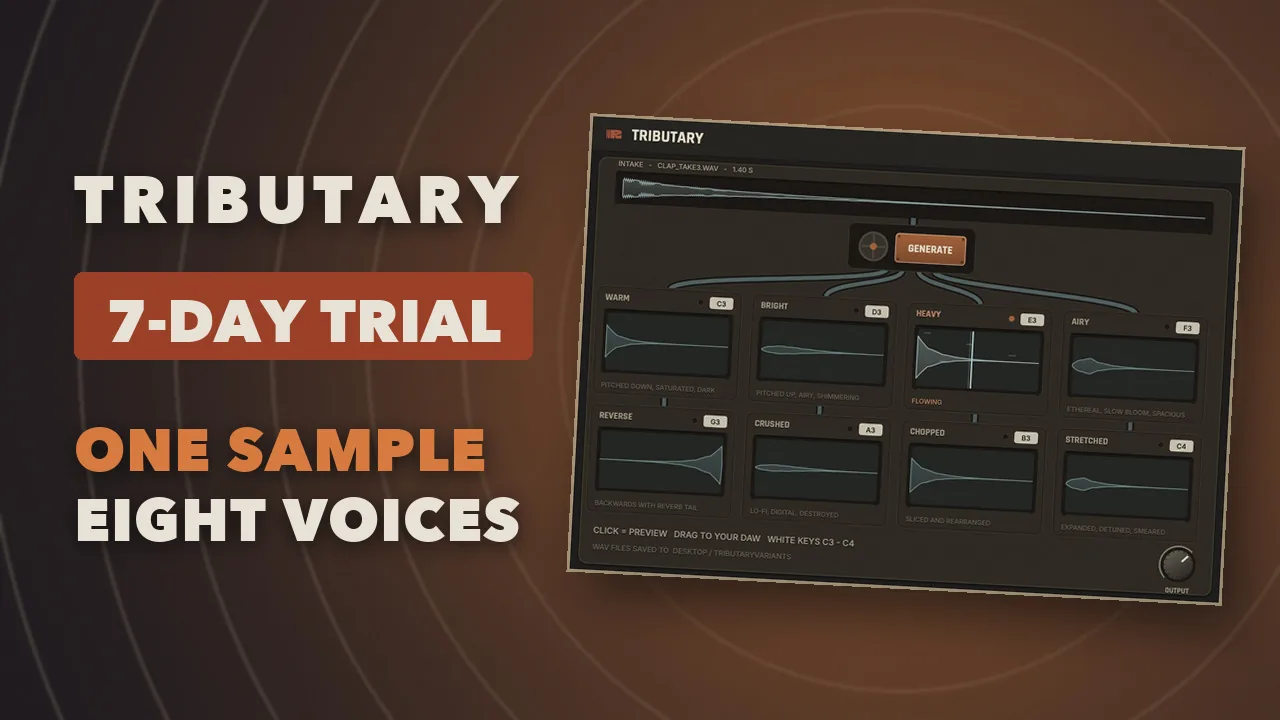 The Tributary interface, one sample branching into eight variations across the keys