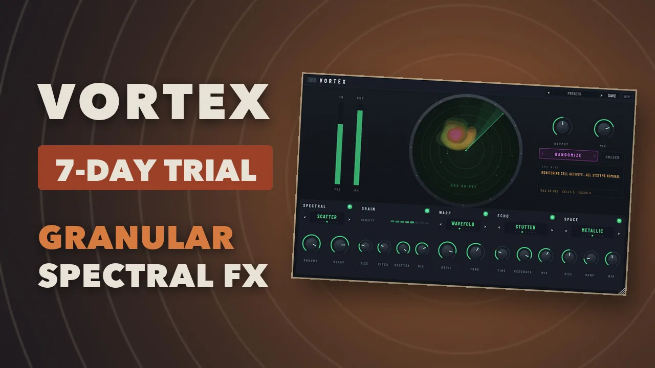 The Vortex interface, five texture modules around a phosphor radar scope