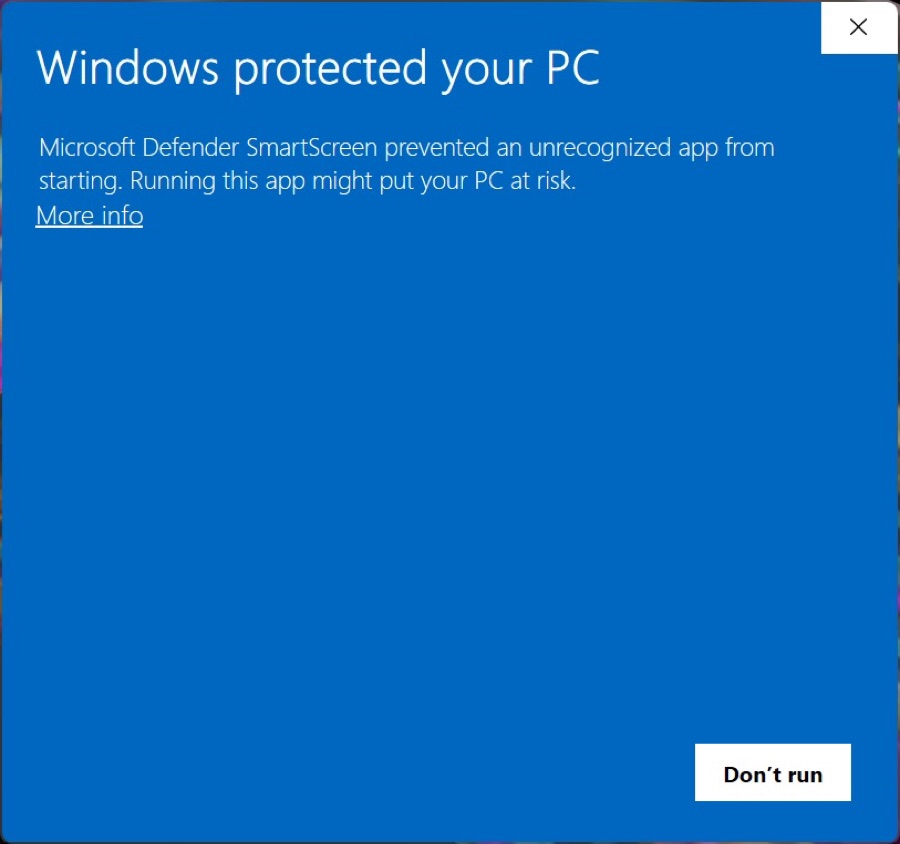 Windows SmartScreen blue screen with a More info link