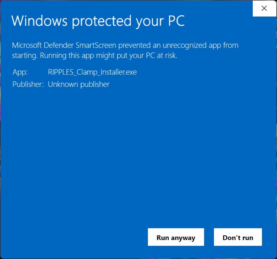 Windows SmartScreen expanded showing Run anyway button